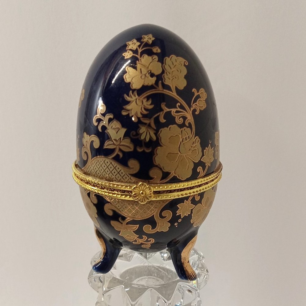 Cobalt Blue Gold Painted Egg Trinket Box Hinged Footed